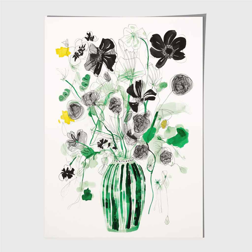 Abstract Illustration Black, Green Flowers and Vase Art Poster | Wall Art Plaza UK