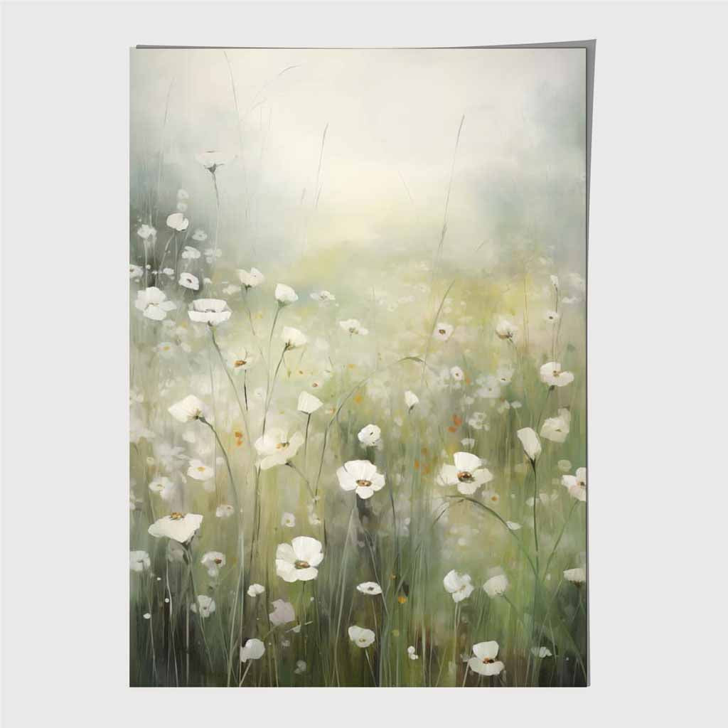 Modern Floral Green, White Wild Flower Meadow No 1 Art Poster | Wall Art Plaza UK