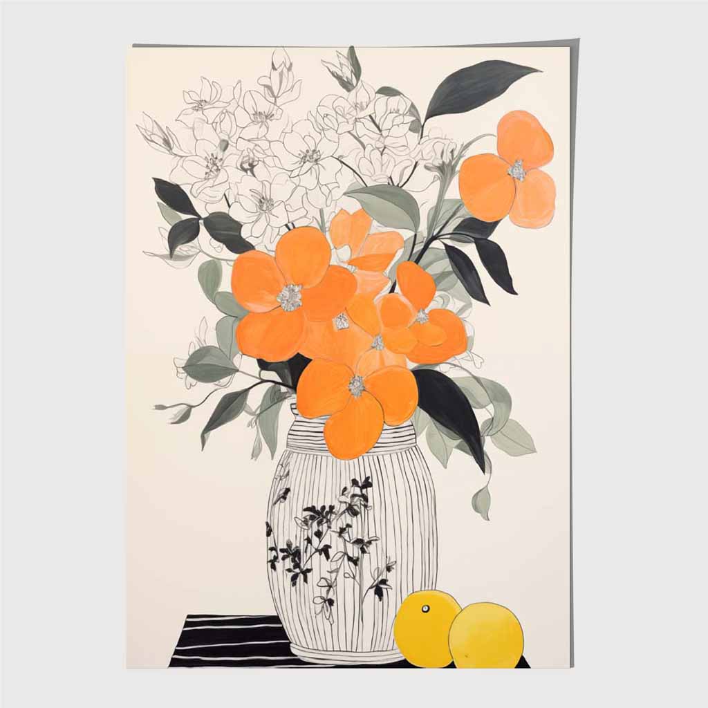 Abstract Illustration Black, Orange Flowers and Vase Art Poster | Wall Art Plaza UK
