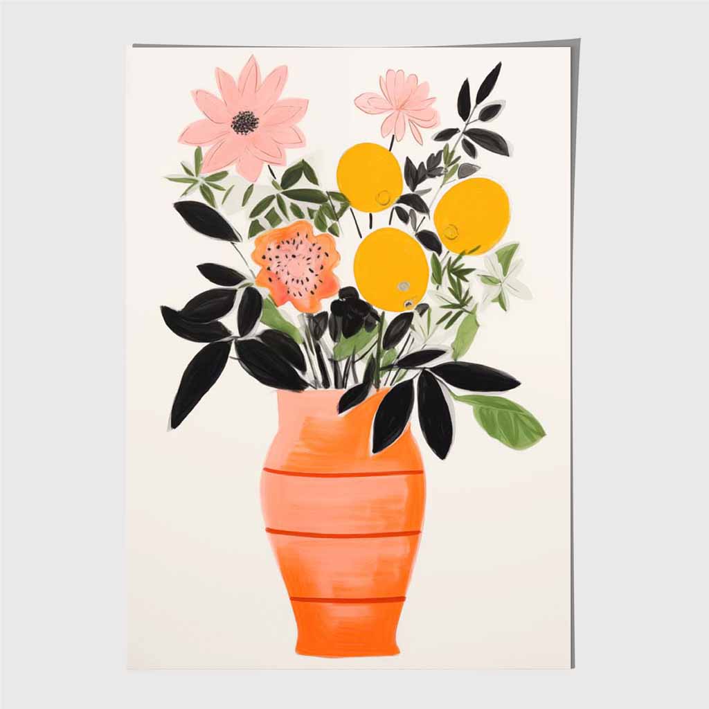 Abstract Illustration Orange, Pink Flowers and Vase Art Print | Wall Art Plaza UK