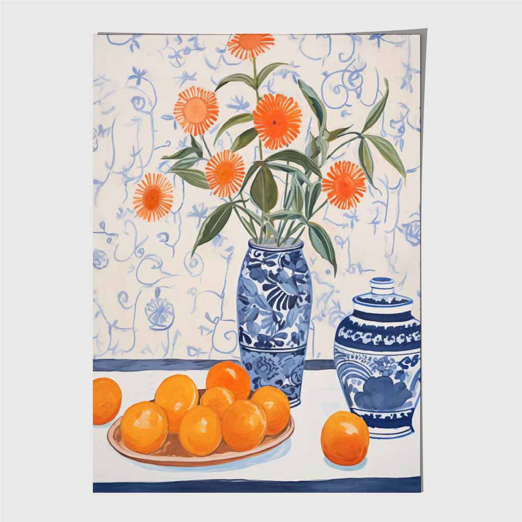 Vintage Floral Blue, Orange Fruit and Flowers Art Print | Wall Art Plaza UK