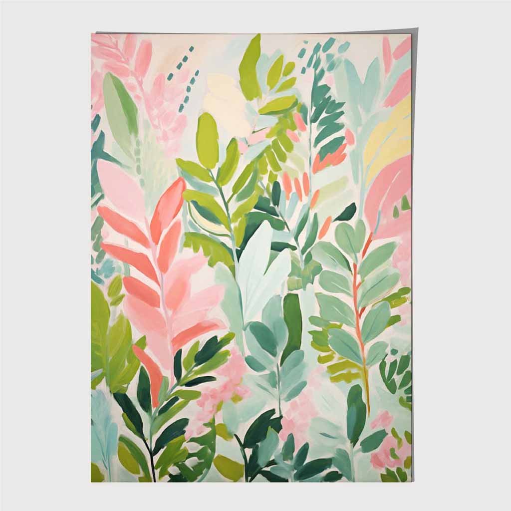Abstract Painted Pink, Green Leaves Art Poster | Wall Art Plaza UK