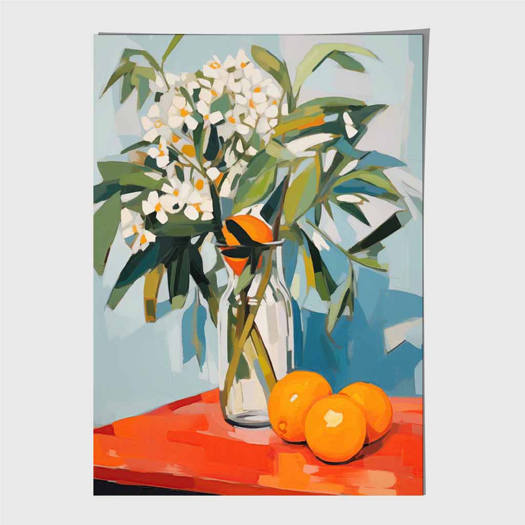 Abstract Painted Orange, Blue Kitchen Flowers Art Print | Wall Art Plaza UK