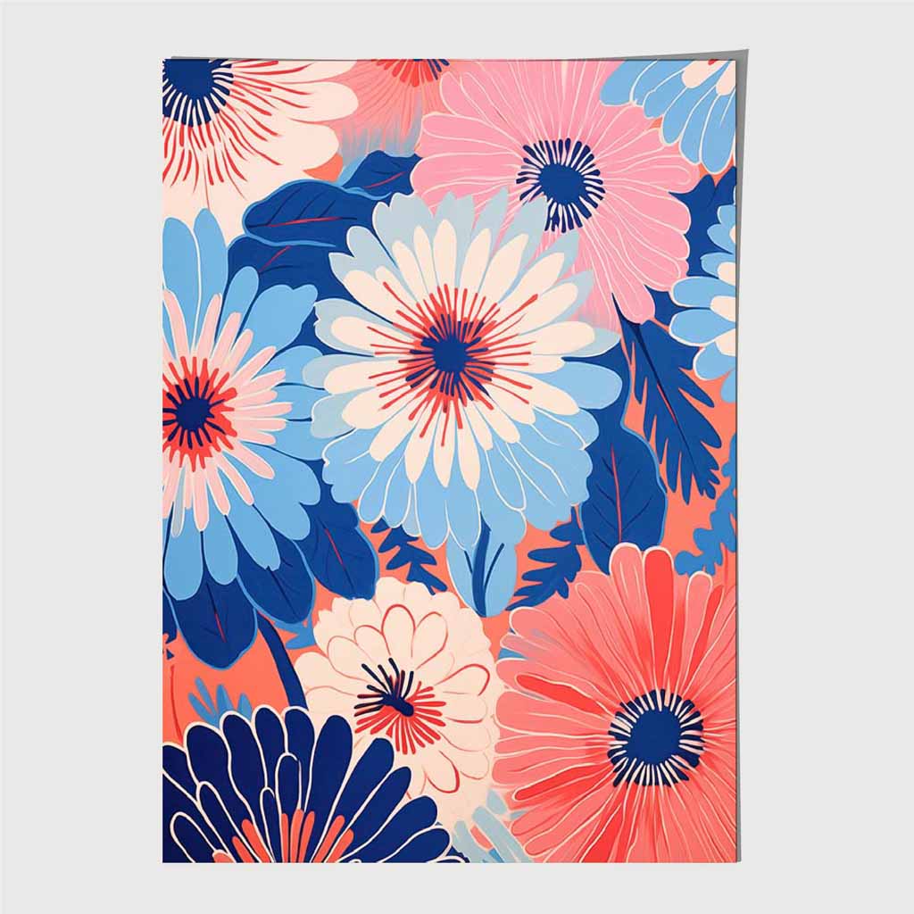 Quirky Bright Blue, Pink Floral Pattern No 1 Art Print | Wall Art Plaza UK