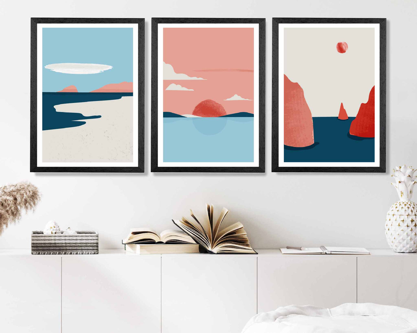 Set of 3 Abstract Blue, Pink Beach & Seascape Art Prints