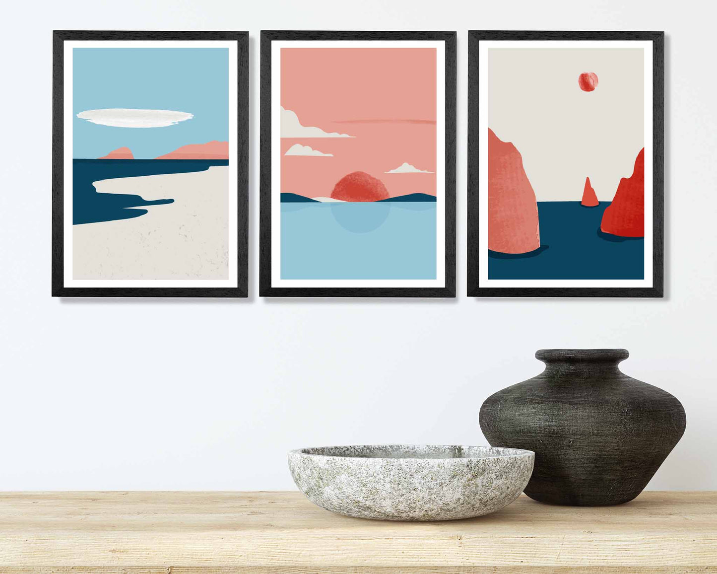 Set of 3 Abstract Blue, Pink Beach & Seascape Art Prints
