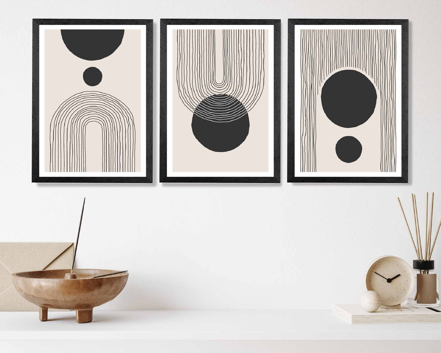 Set of 3 Boho Abstract Beige, Black Sketch Arches