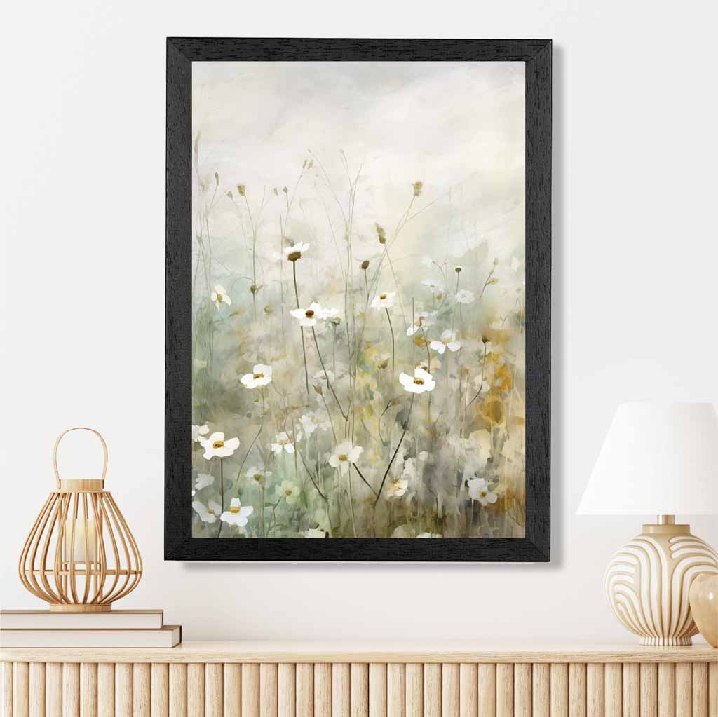 Modern Floral Green, White Wild Flower Meadow No 2  Art Poster | Wall Art Plaza UK