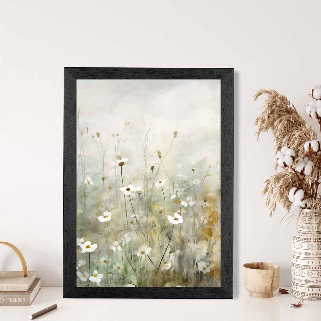 Modern Floral Green, White Wild Flower Meadow No 2  Art Poster | Wall Art Plaza UK