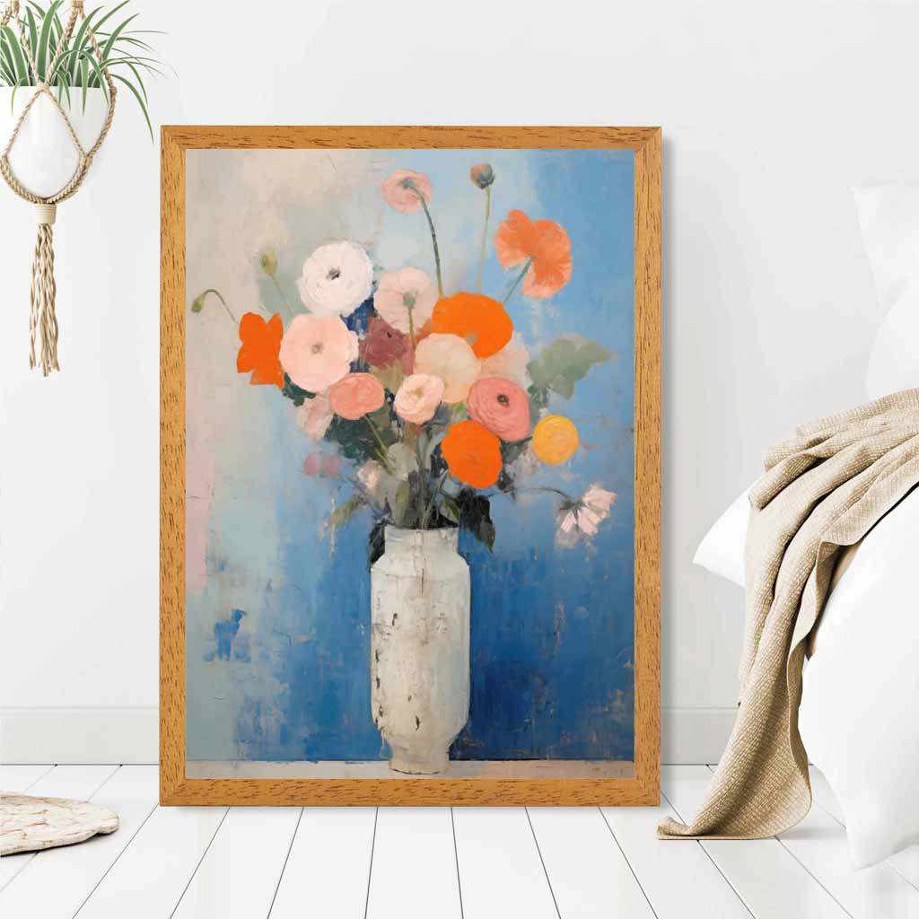 Vintage Painted Blue, Orange Flowers in Vase  Art Poster | Wall Art Plaza UK