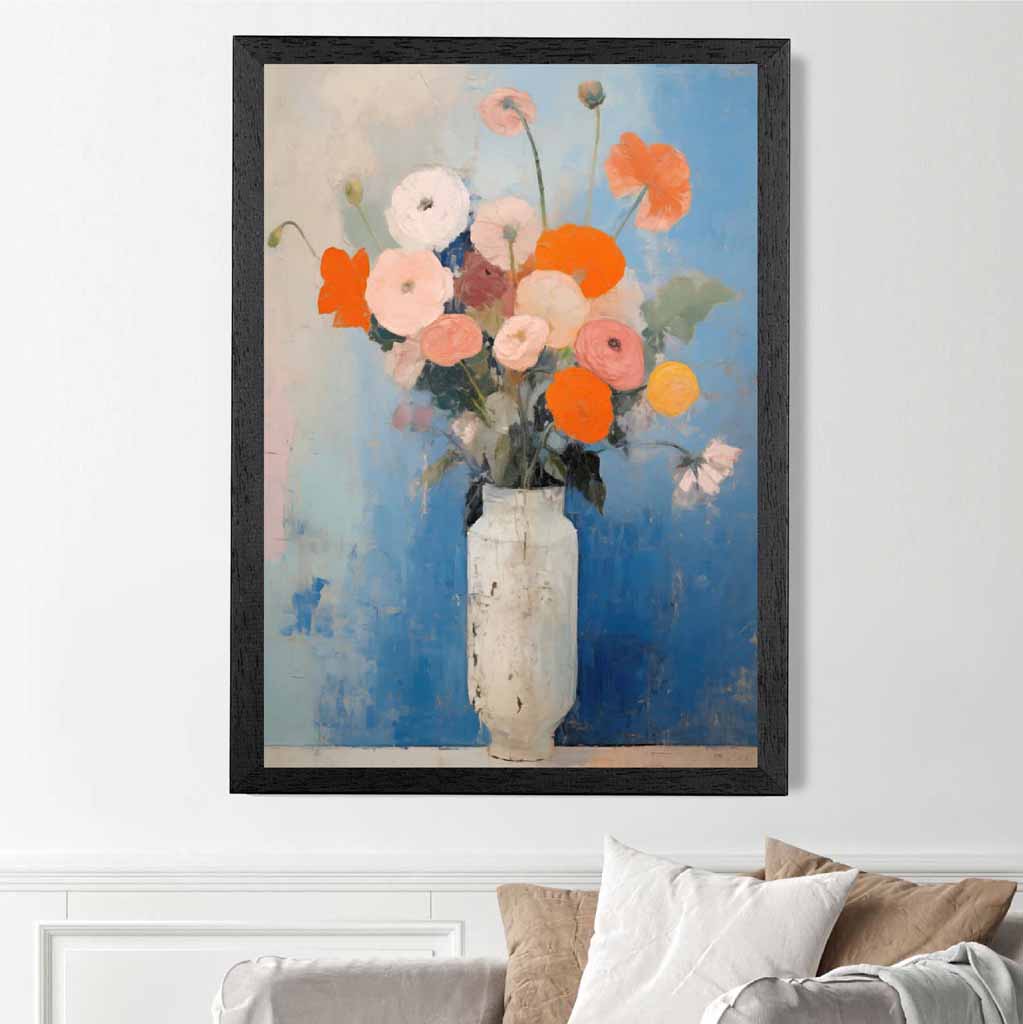 Vintage Painted Blue, Orange Flowers in Vase  Art Poster | Wall Art Plaza UK