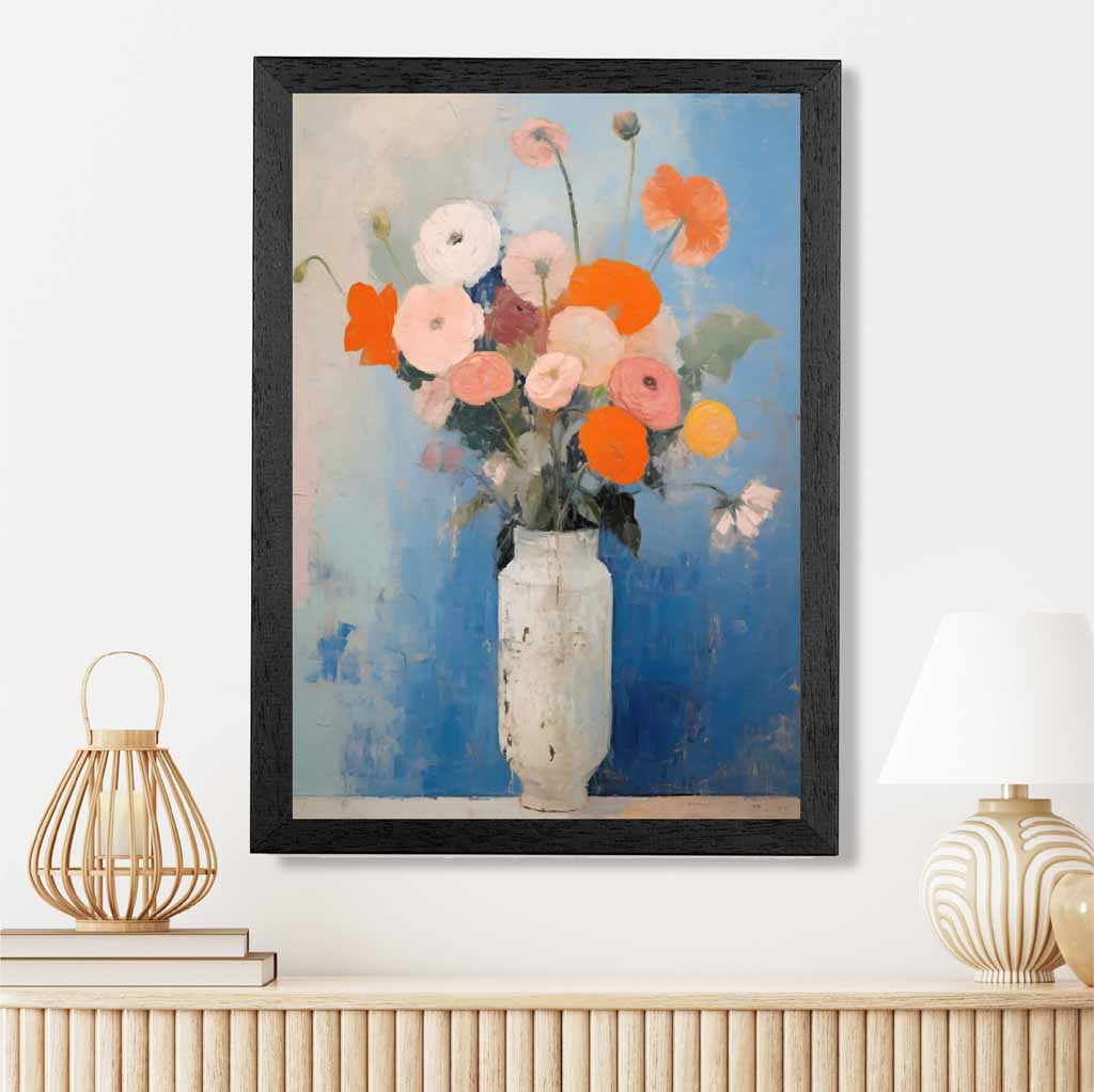 Vintage Painted Blue, Orange Flowers in Vase  Art Poster | Wall Art Plaza UK