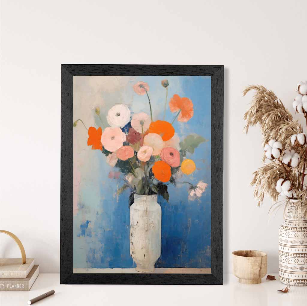 Vintage Painted Blue, Orange Flowers in Vase  Art Poster | Wall Art Plaza UK