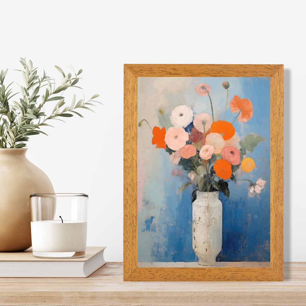 Vintage Painted Blue, Orange Flowers in Vase  Art Poster | Wall Art Plaza UK