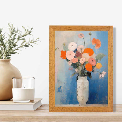 Vintage Painted Blue, Orange Flowers in Vase  Art Poster | Wall Art Plaza UK