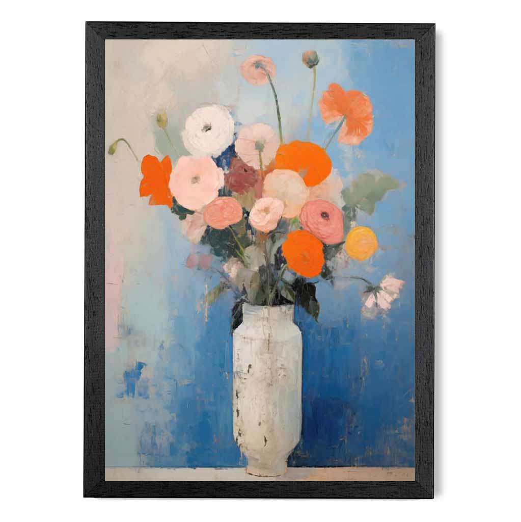 Vintage Painted Blue, Orange Flowers in Vase  Art Poster | Wall Art Plaza UK