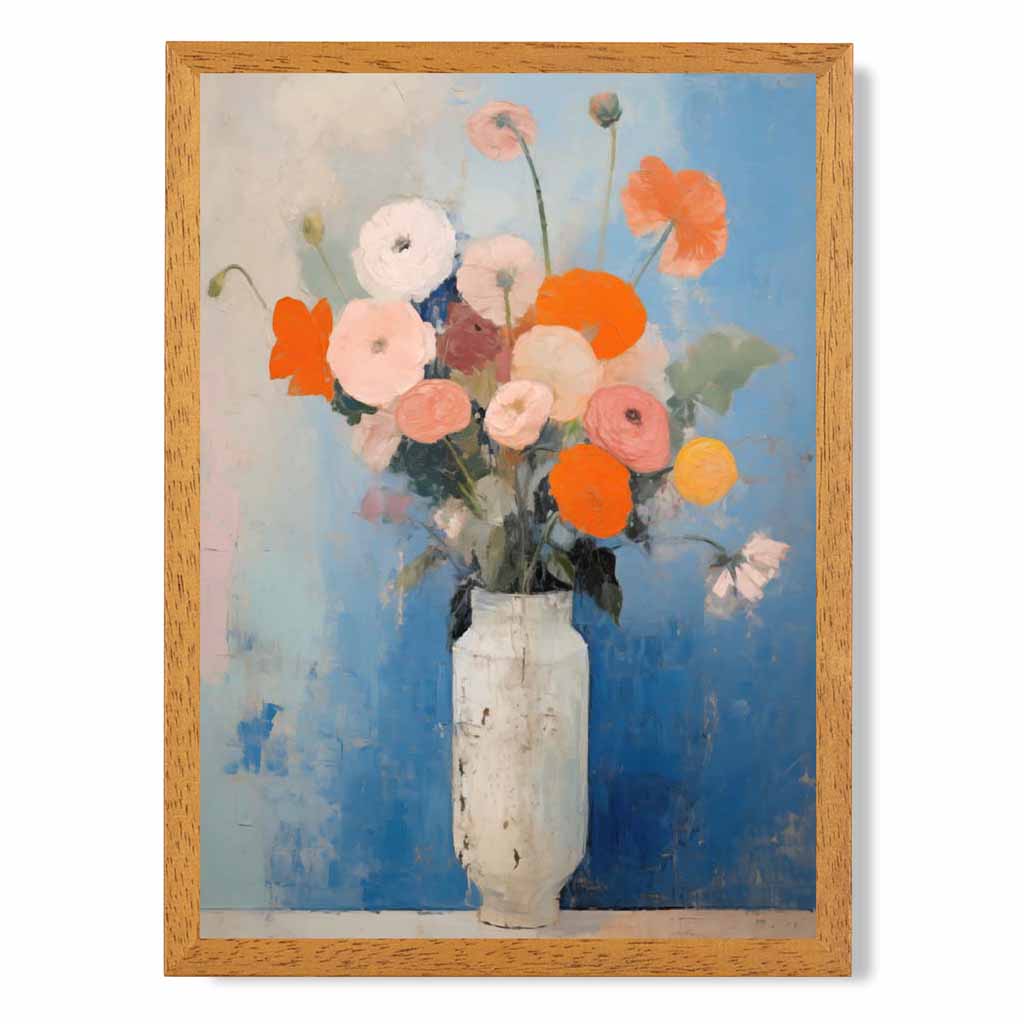 Vintage Painted Blue, Orange Flowers in Vase  Art Poster | Wall Art Plaza UK