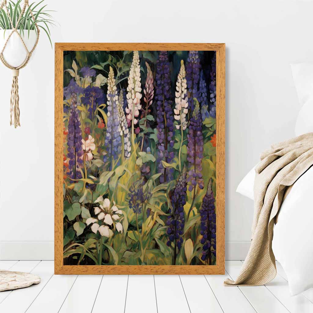 Vintage Painted Purple, Green Lupins  Art Print | Wall Art Plaza UK