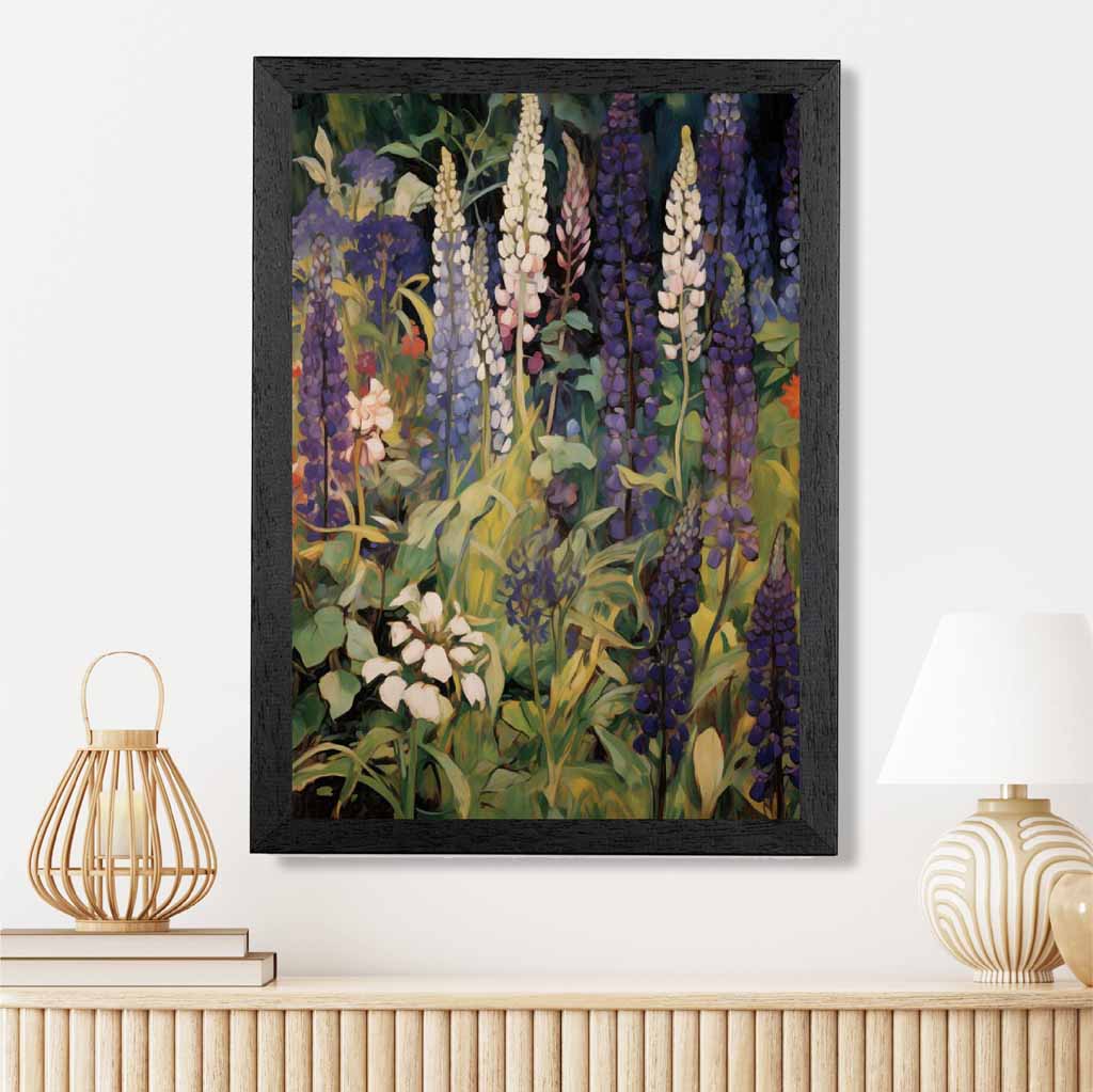 Vintage Painted Purple, Green Lupins  Art Print | Wall Art Plaza UK