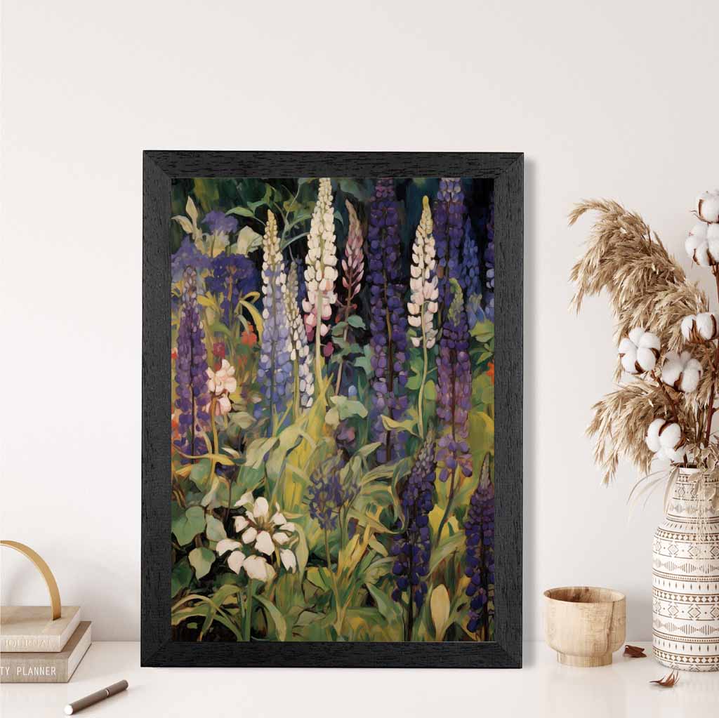 Vintage Painted Purple, Green Lupins  Art Print | Wall Art Plaza UK