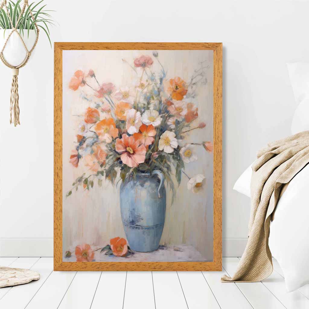 Vintage Painted , Orange Flowers in Blue Vase  Art Print | Wall Art Plaza UK