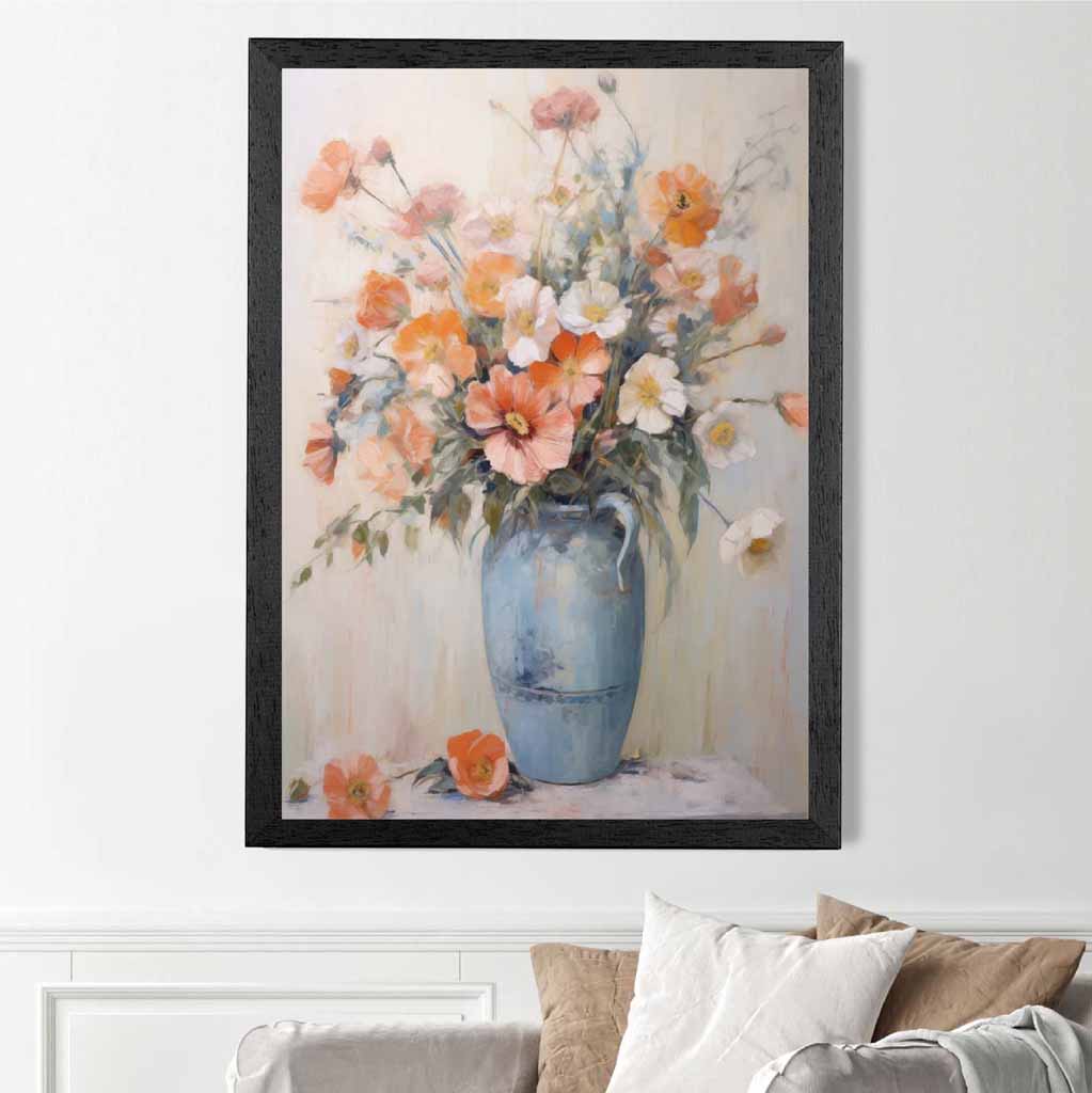 Vintage Painted , Orange Flowers in Blue Vase  Art Print | Wall Art Plaza UK