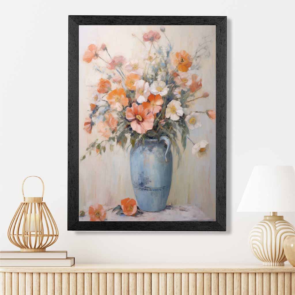 Vintage Painted , Orange Flowers in Blue Vase  Art Print | Wall Art Plaza UK