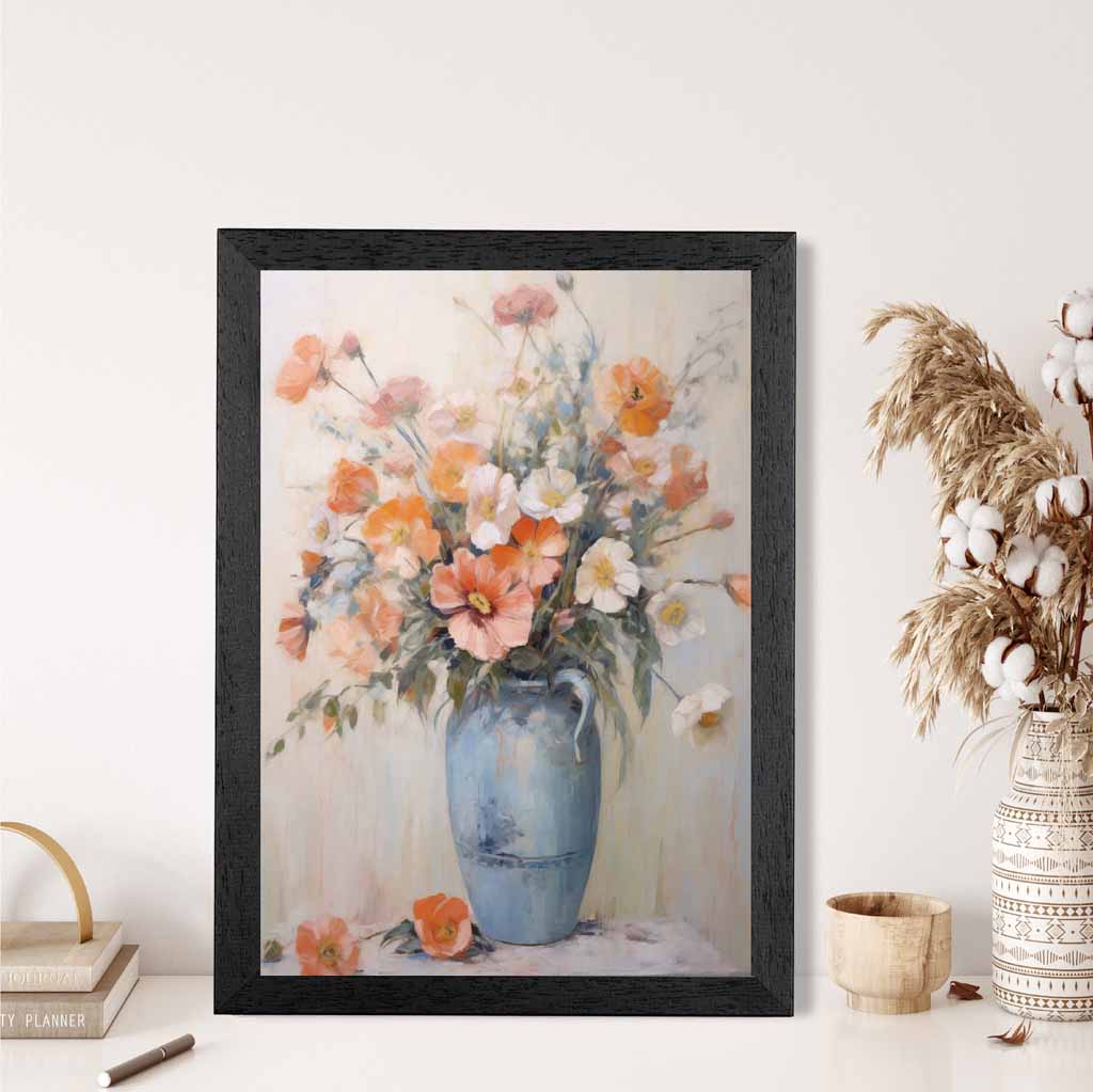 Vintage Painted , Orange Flowers in Blue Vase  Art Print | Wall Art Plaza UK