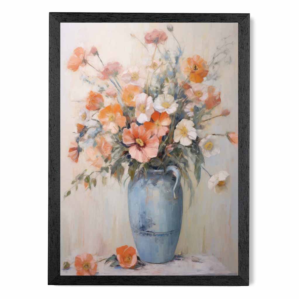 Vintage Painted , Orange Flowers in Blue Vase  Art Print | Wall Art Plaza UK