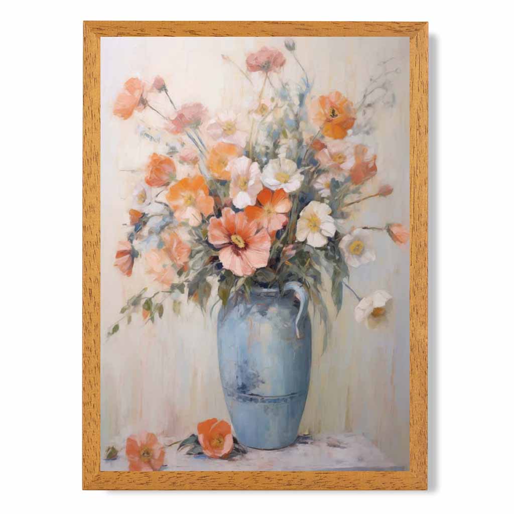 Vintage Painted , Orange Flowers in Blue Vase  Art Print | Wall Art Plaza UK