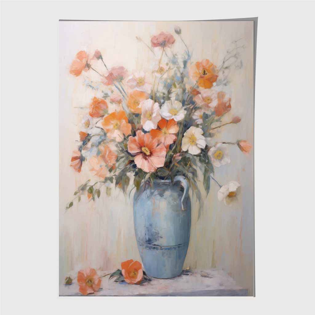 Vintage Painted , Orange Flowers in Blue Vase  Art Print | Wall Art Plaza UK