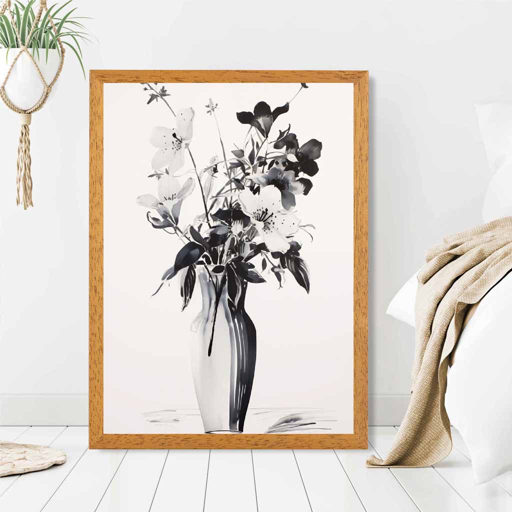 Floral Illustration Black, Grey Flowers in Vase  Art Print | Wall Art Plaza UK