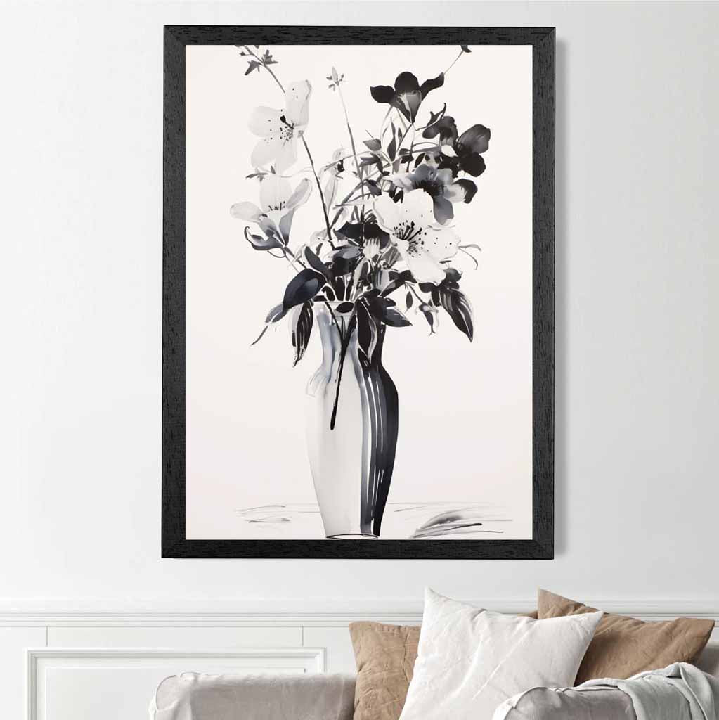 Floral Illustration Black, Grey Flowers in Vase  Art Print | Wall Art Plaza UK