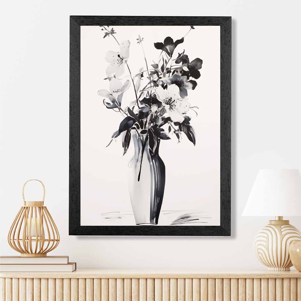 Floral Illustration Black, Grey Flowers in Vase  Art Print | Wall Art Plaza UK