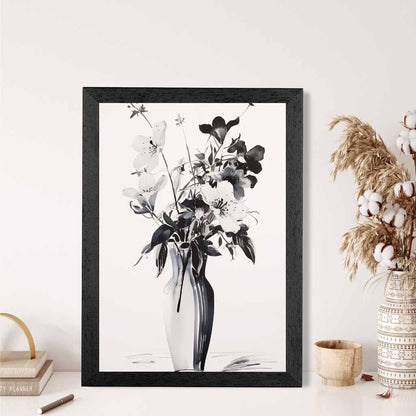 Floral Illustration Black, Grey Flowers in Vase  Art Print | Wall Art Plaza UK