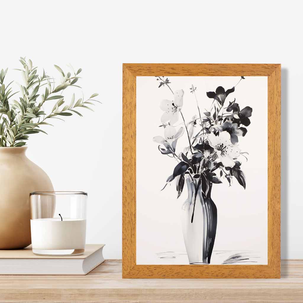 Floral Illustration Black, Grey Flowers in Vase  Art Print | Wall Art Plaza UK