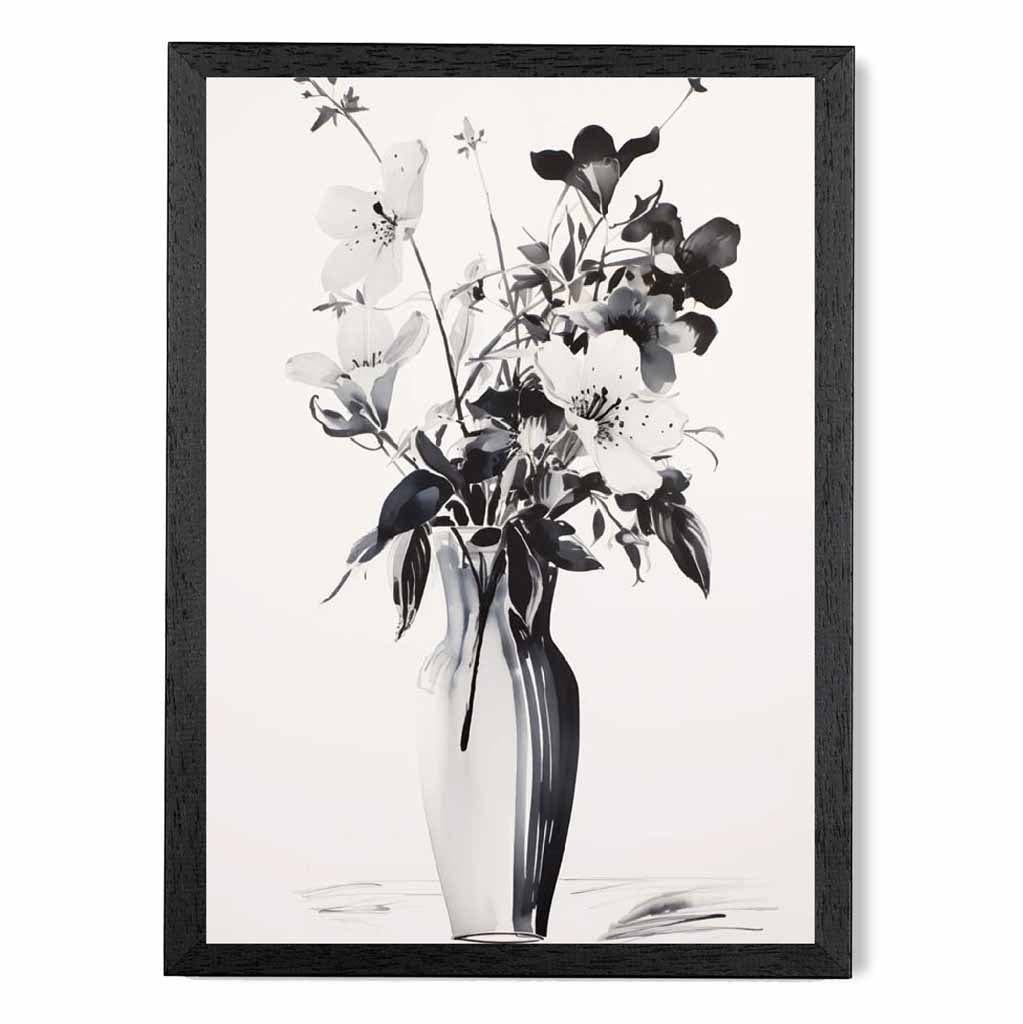 Floral Illustration Black, Grey Flowers in Vase  Art Print | Wall Art Plaza UK