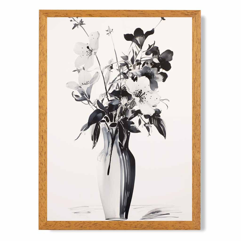 Floral Illustration Black, Grey Flowers in Vase  Art Print | Wall Art Plaza UK