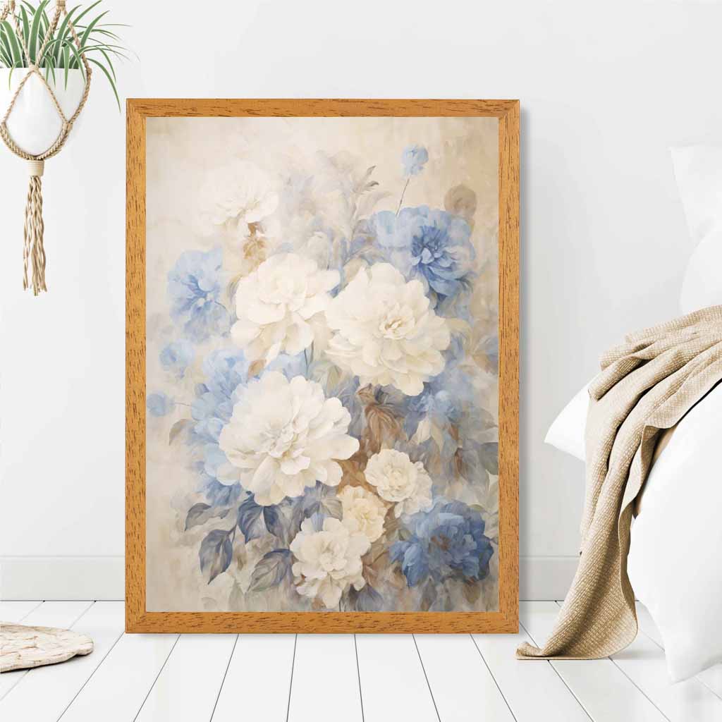 Vintage Pastel Blue, Ivory Flowers  Art Print | Wall Art Plaza UK