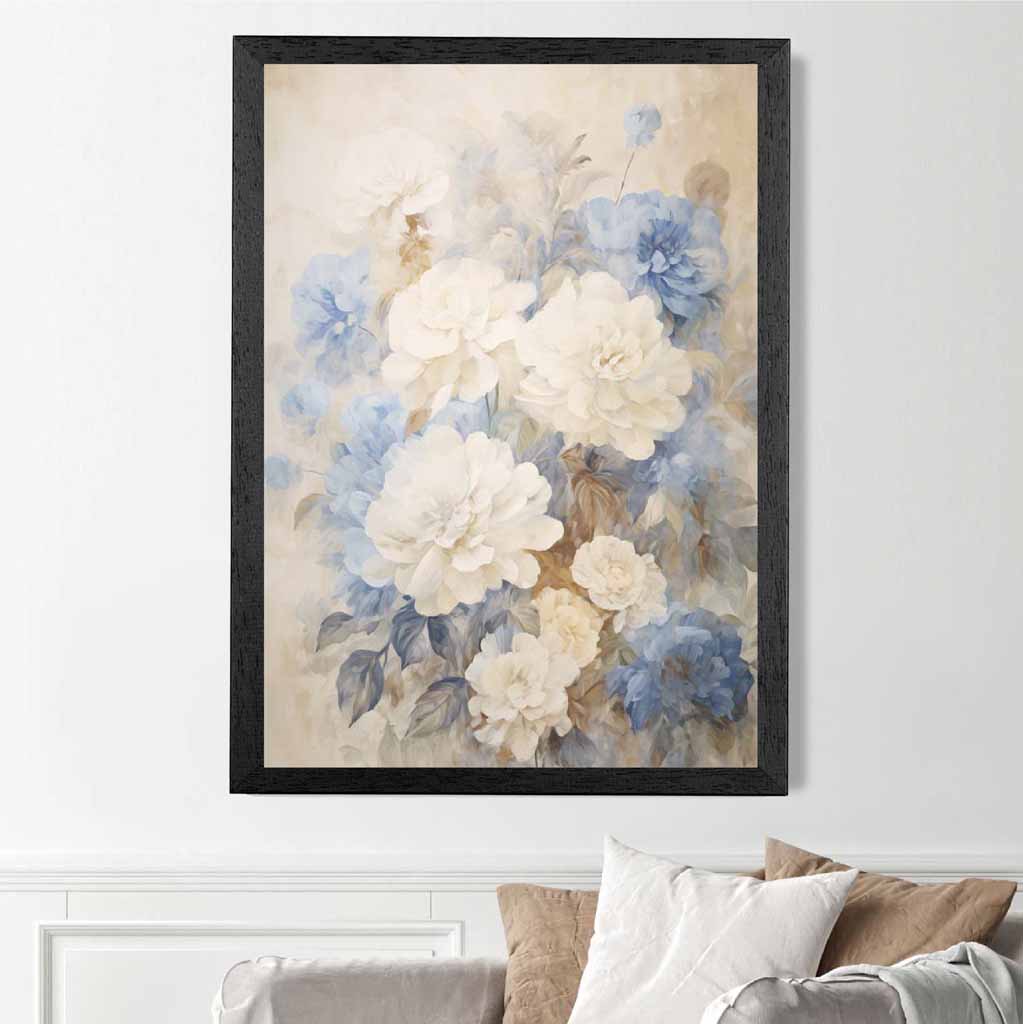 Vintage Pastel Blue, Ivory Flowers  Art Print | Wall Art Plaza UK