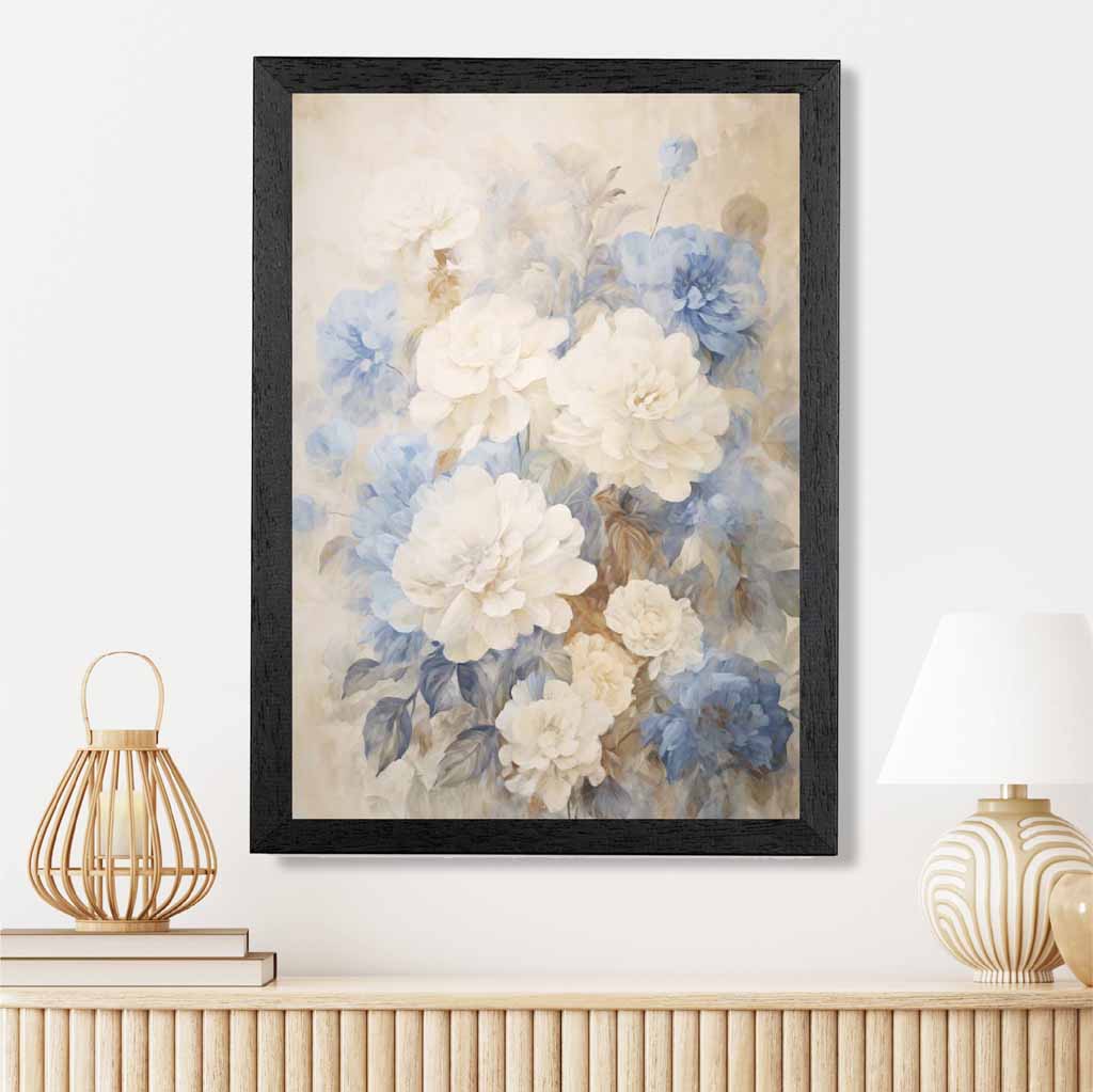 Vintage Pastel Blue, Ivory Flowers  Art Print | Wall Art Plaza UK