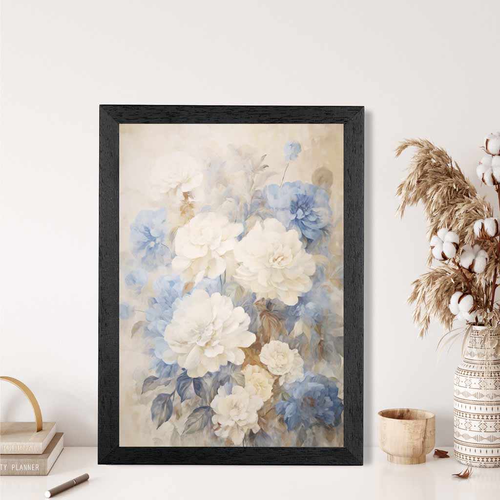 Vintage Pastel Blue, Ivory Flowers  Art Print | Wall Art Plaza UK