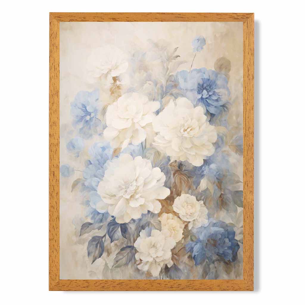 Vintage Pastel Blue, Ivory Flowers  Art Print | Wall Art Plaza UK