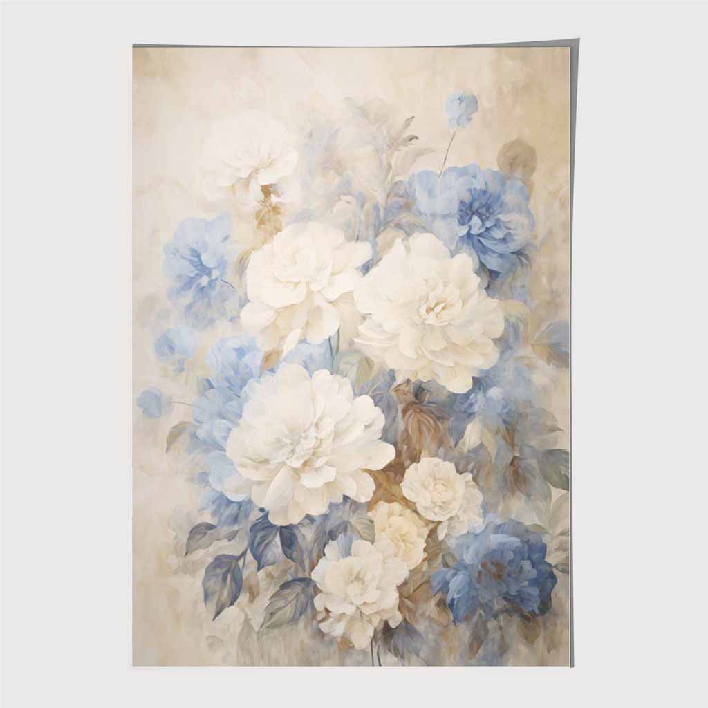 Vintage Pastel Blue, Ivory Flowers  Art Print | Wall Art Plaza UK