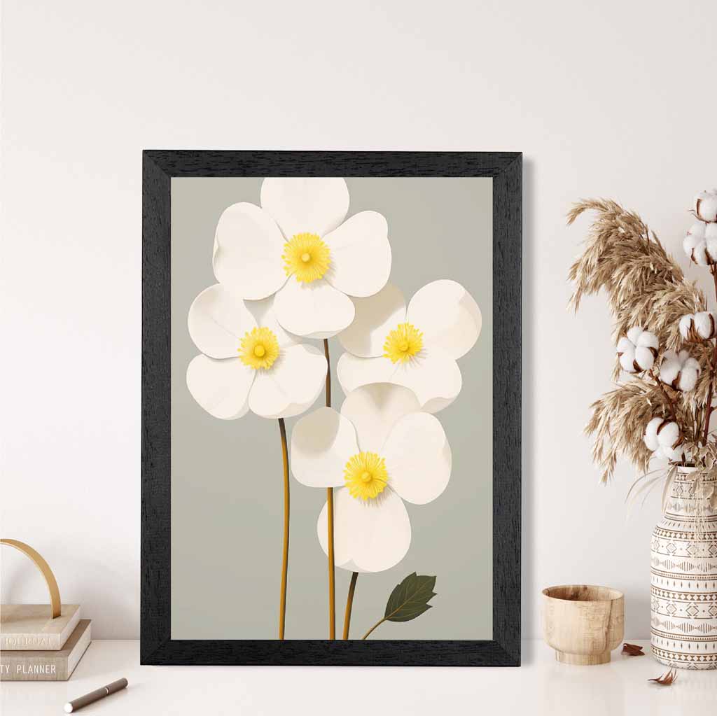 Modern Floral Grey, Ivory Flowers  Art Print | Wall Art Plaza UK