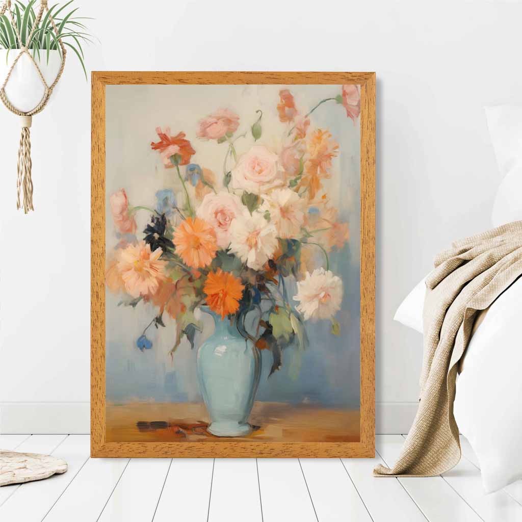 Vintage Pastel Blue, Pink Flowers in Vase  Art Print | Wall Art Plaza UK