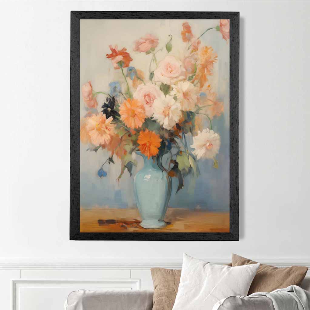 Vintage Pastel Blue, Pink Flowers in Vase  Art Print | Wall Art Plaza UK