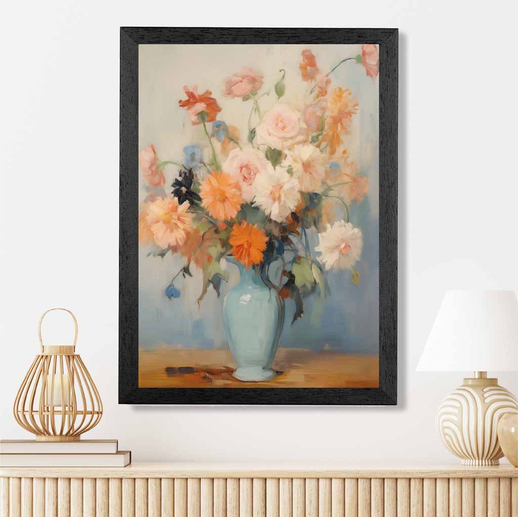 Vintage Pastel Blue, Pink Flowers in Vase  Art Print | Wall Art Plaza UK