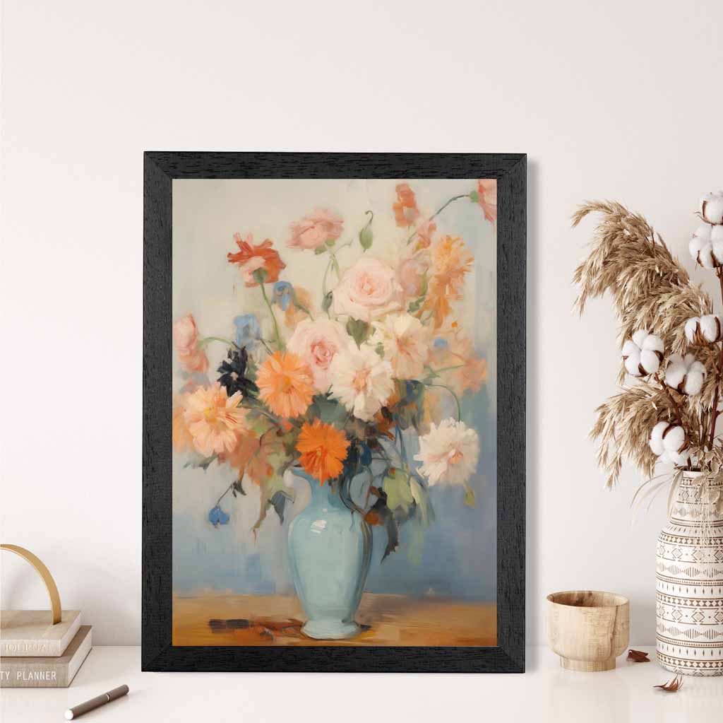 Vintage Pastel Blue, Pink Flowers in Vase  Art Print | Wall Art Plaza UK