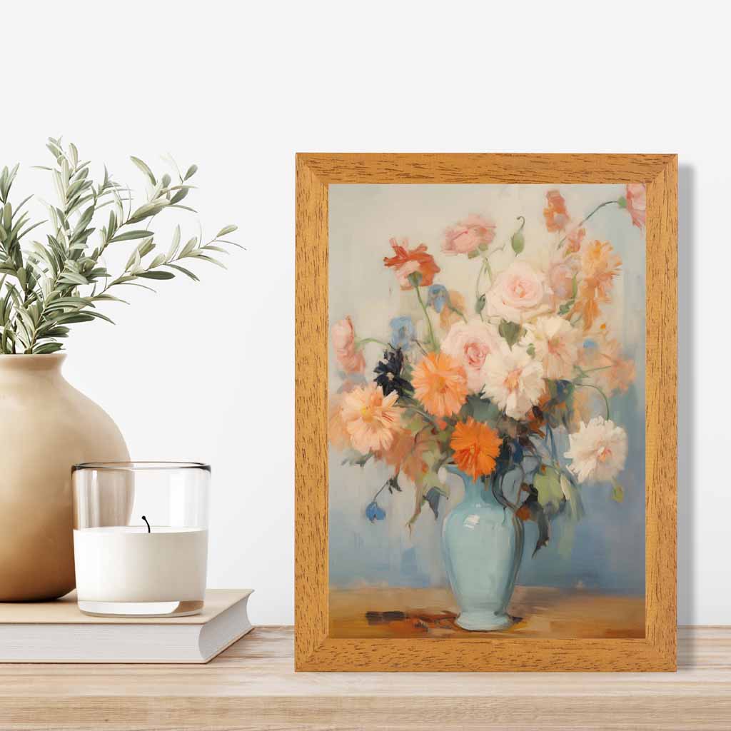 Vintage Pastel Blue, Pink Flowers in Vase  Art Print | Wall Art Plaza UK